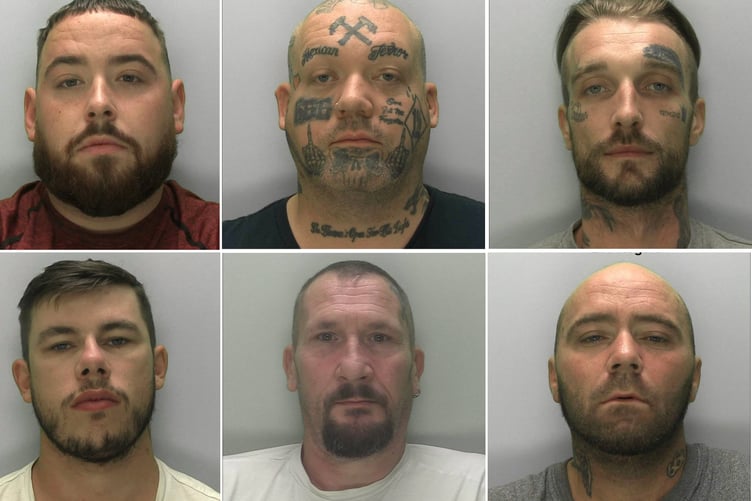 The men jailed for an attack in Coleford: Top row, left to right Billy Timmins, Ashley Lauterdale, Robert Greenacre. Botton row left to right Kyle Matthews, Darren Rimmer, Lee Rogers