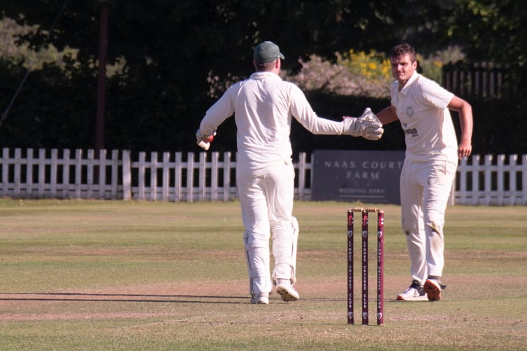 Parkend bowler celebrates the dismissal of Ed Jones with wicketkeeper Luke Aldridge.