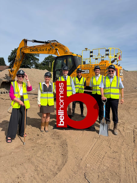 Cllr Di Martin , Nicola Bird, Jon Twamley, Mike Jelf, Jason Bell and Pete Bell at the ground-breaking ceremony.