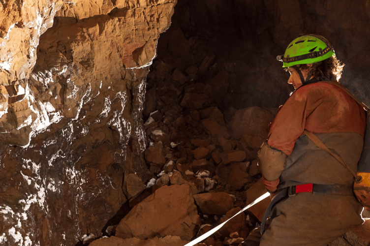 Falkland Looking at Cryogenic Calcite at Redhouse Lane Swallet. Picture: Dr Mark Tringham.